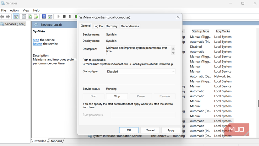 Sysmain service on PC