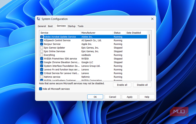 System configuration showing services tab