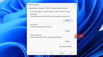 System Properties window advanced tab