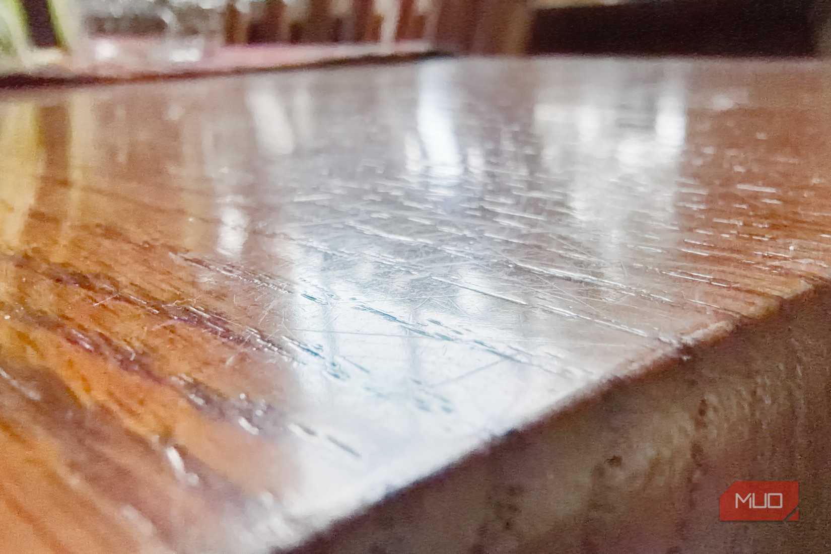 A close-up of a wooden table.
