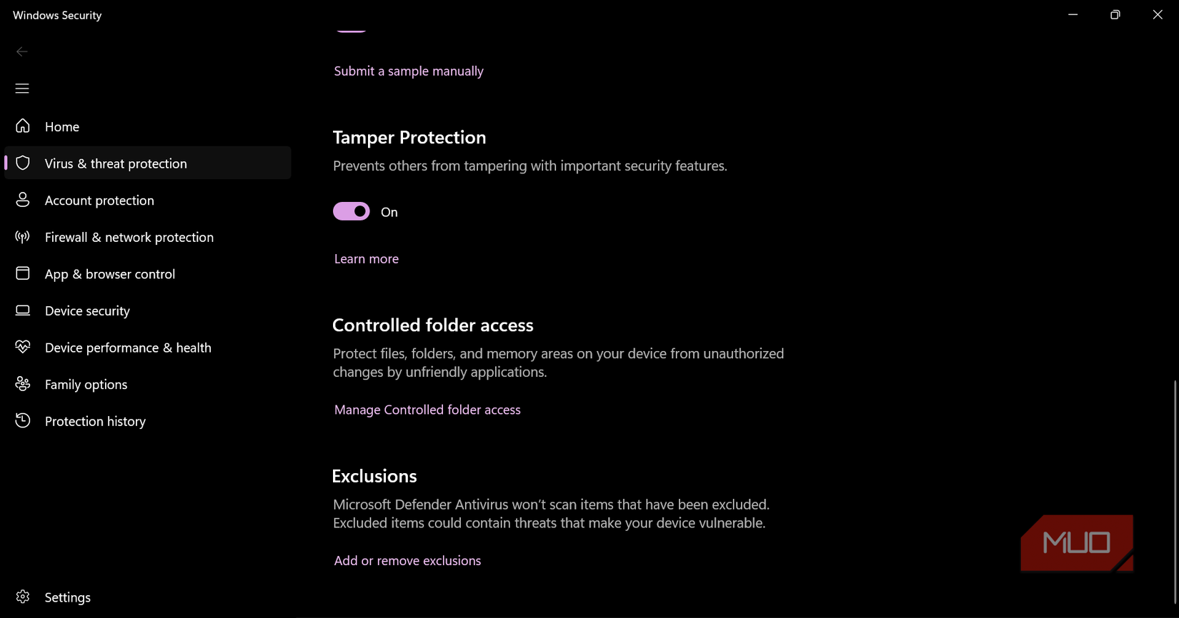 Screenshot of the Tamper Protection page in Windows Security.