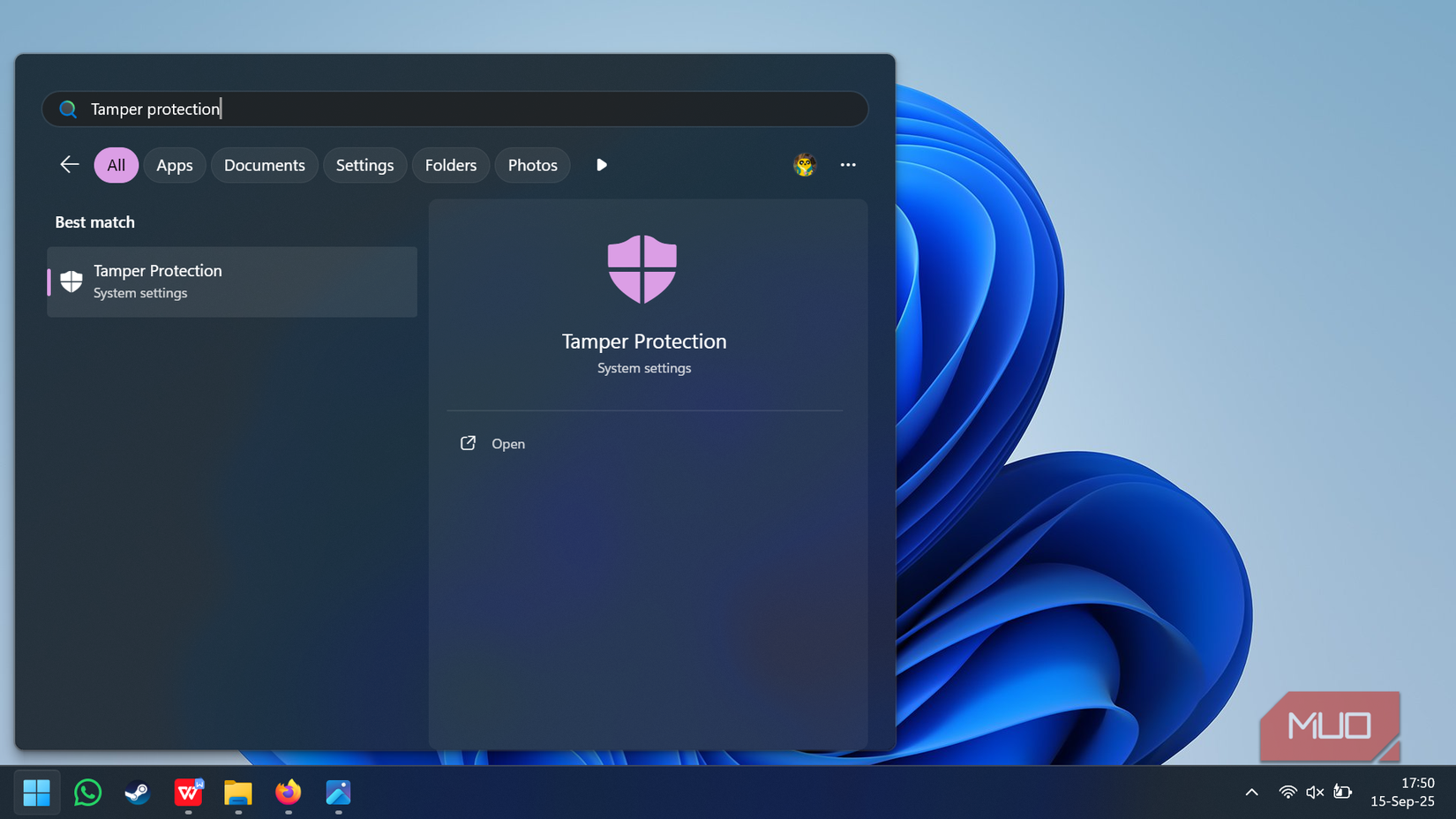 Screenshot of searching for Tamper Protection in Windows 11.
