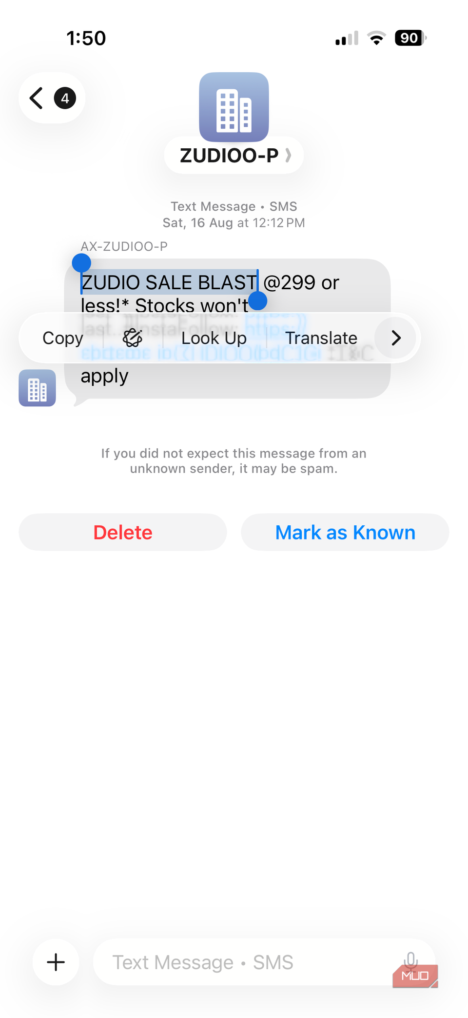 Text highlighted in iPhone Messages app