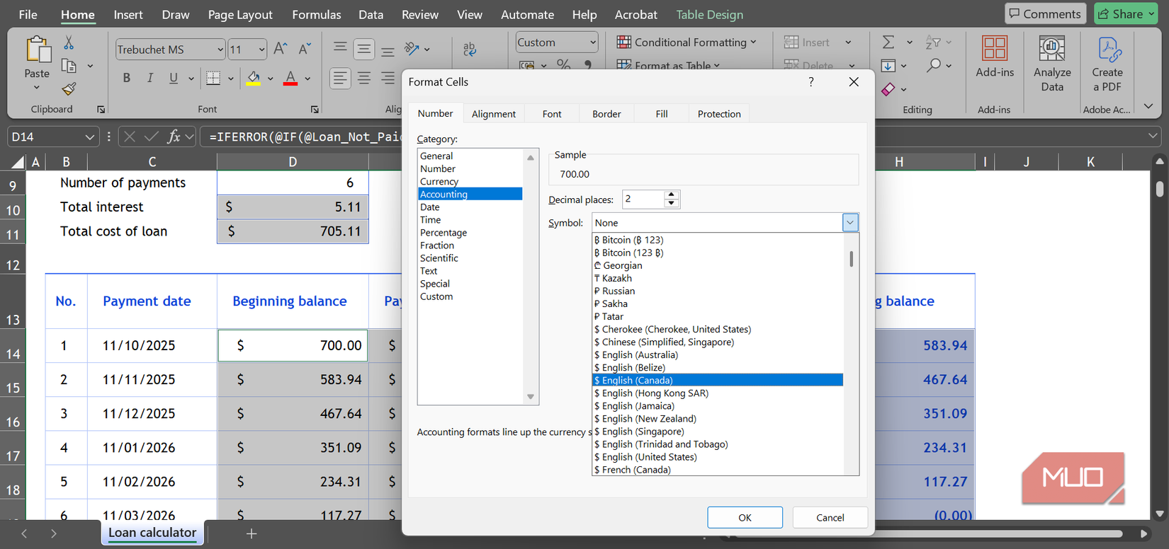 The Accounting Category under the Format Cells bar in Excel.