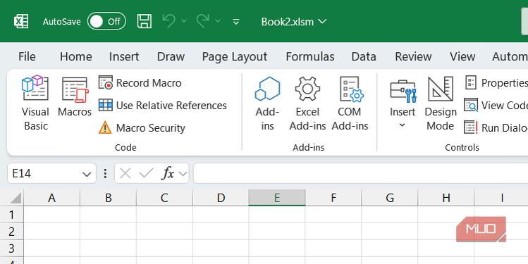 The 'Code' section of the 'Developer' tab in Excel