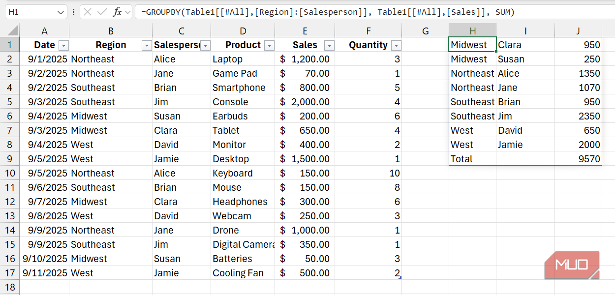 The GROUPBY formula in Excel with two columns selected