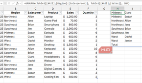 The GROUPBY formula in Excel with two columns selected
