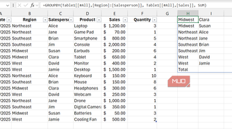 The GROUPBY formula in Excel with two columns selected