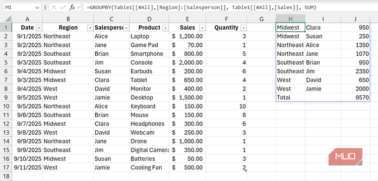 The GROUPBY formula in Excel with two columns selected