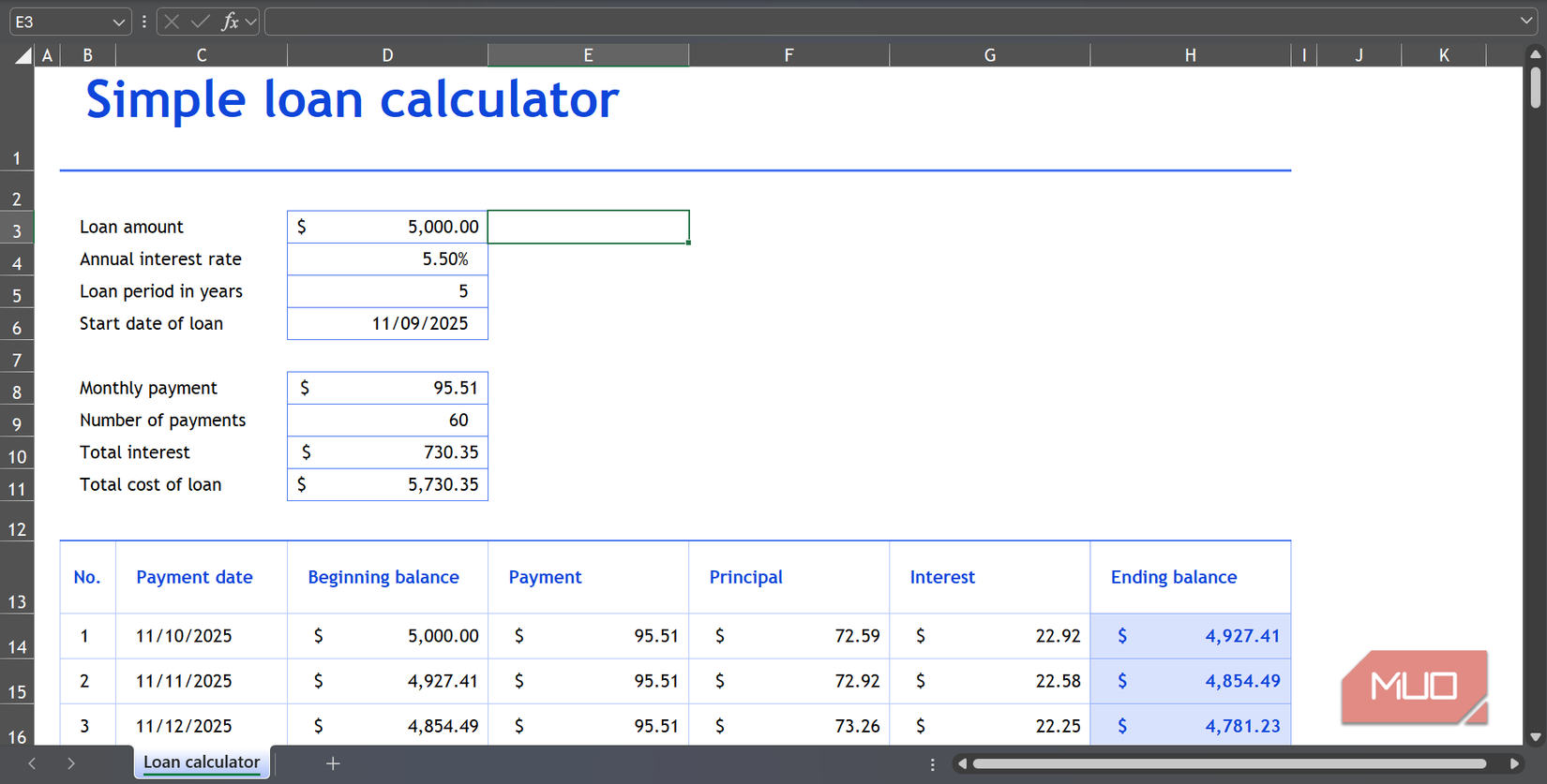 The Loan Calculator sheet under the Simple loan calculator and amortization table template.