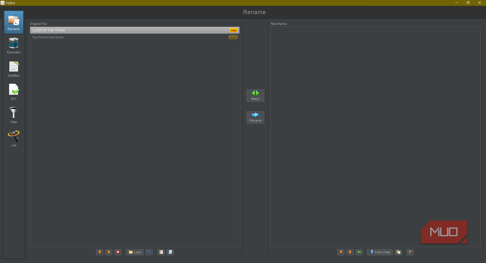 The Rename menu in FileBot, featuring a list of movies.