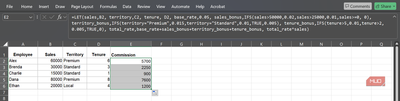 The results of A LET and IFS formula in Microsoft Excel.