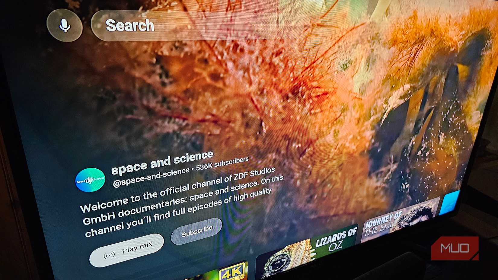 The YouTube app opened to the Space and Science channel.