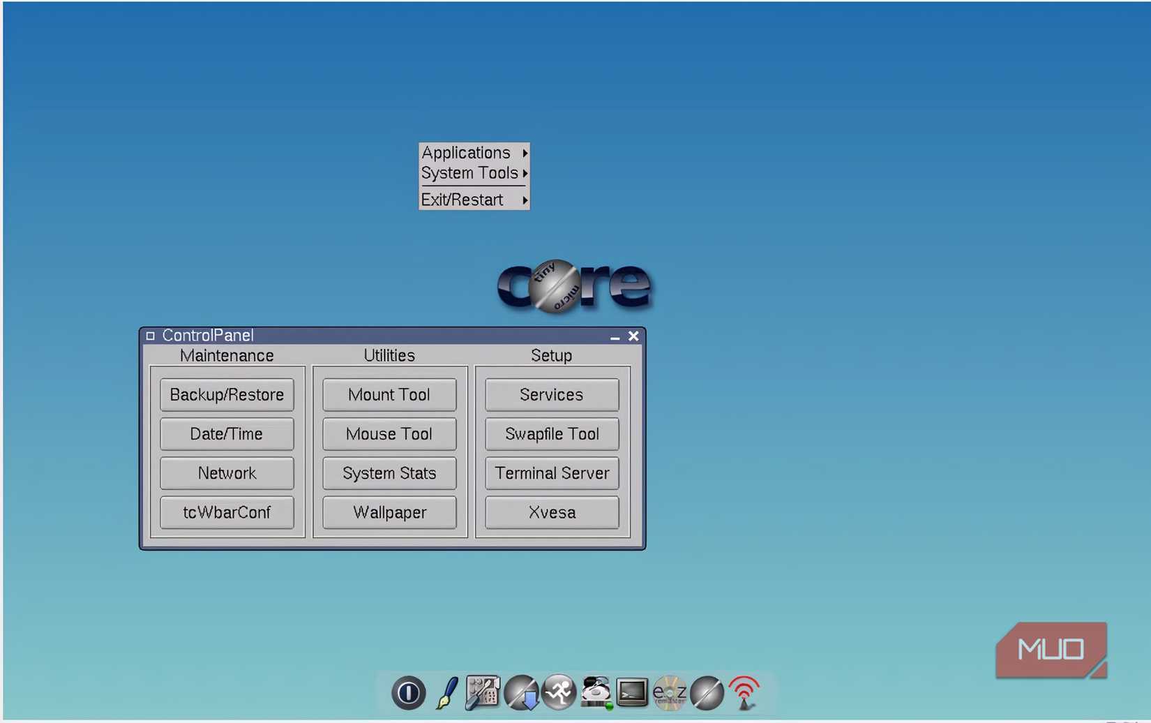 tiny core linux showing control panel.