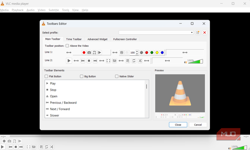 Toolbar editor in VLC