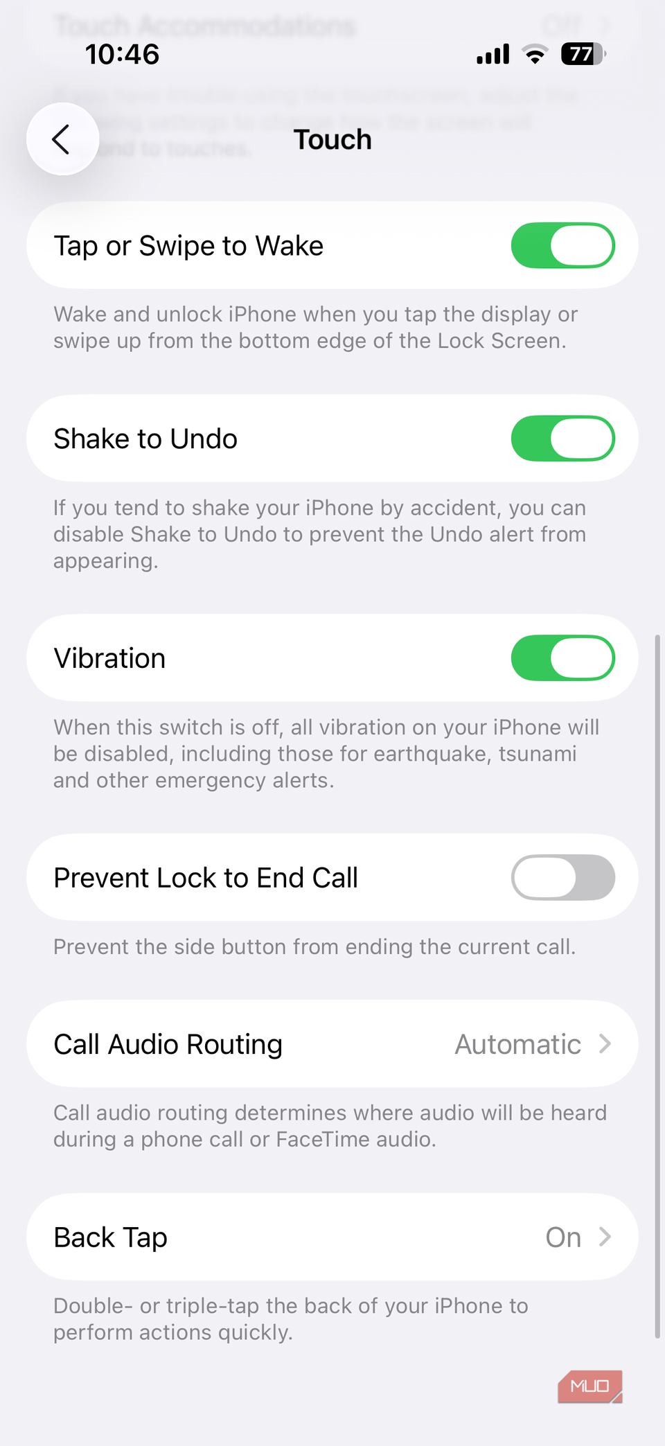 Touch accessibility settings on iPhone