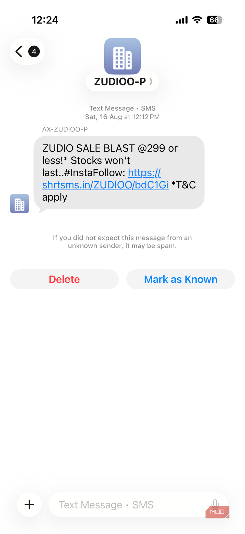 Unknown sender in iPhone Messages app