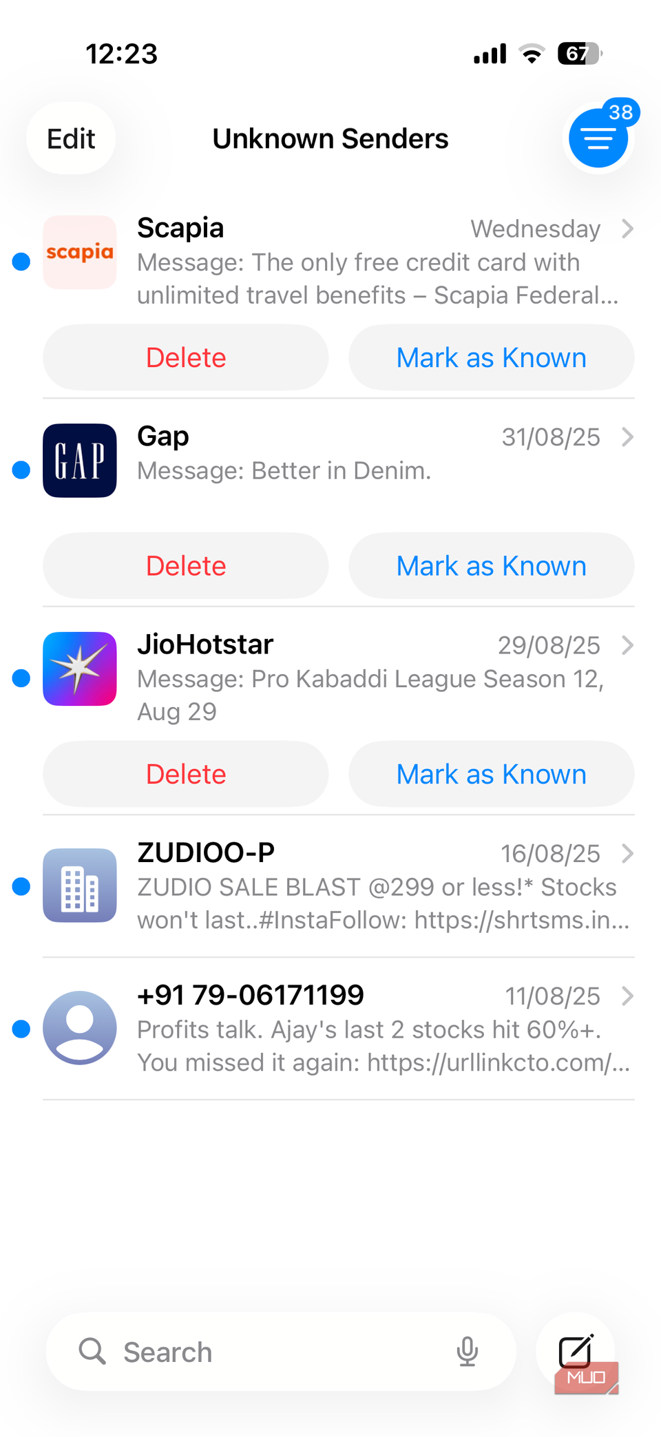 Unknown senders folder in iPhone Messages app