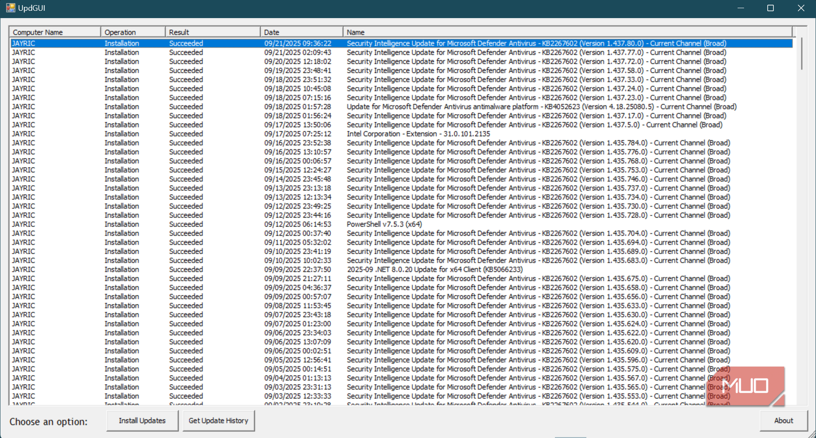 UpdGUI update history log