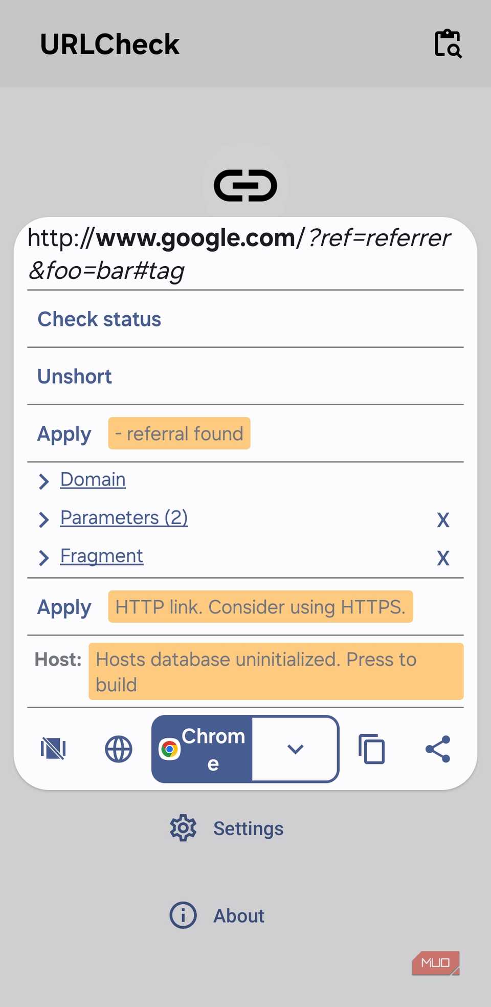 URLCheck app pop-up on Android