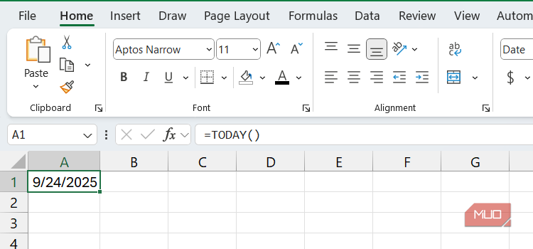ExcelでTODAY関数を使用する様子
