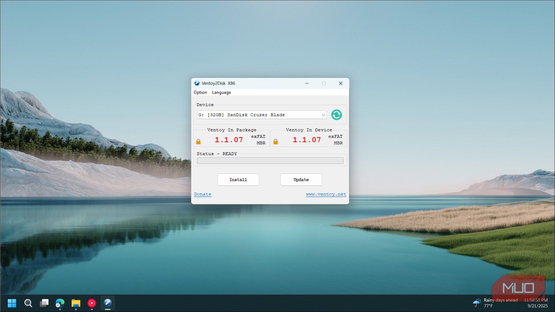 Ventoy app open with the USB drive selected on Windows 11