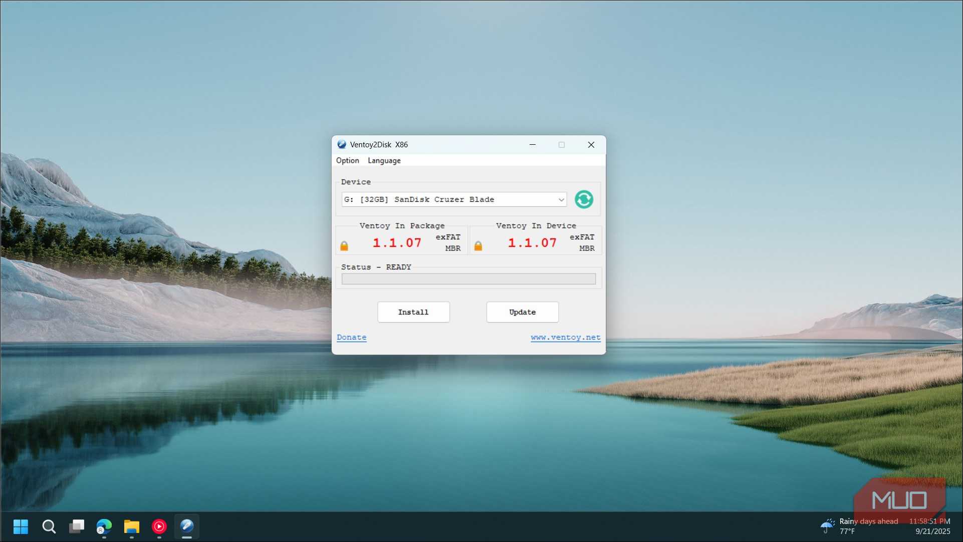 Ventoy app open with the USB drive selected on Windows 11