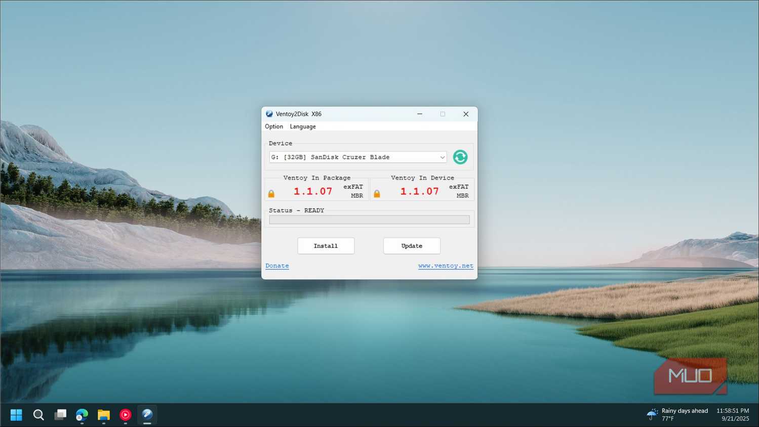 Ventoy app open with the USB drive selected on Windows 11