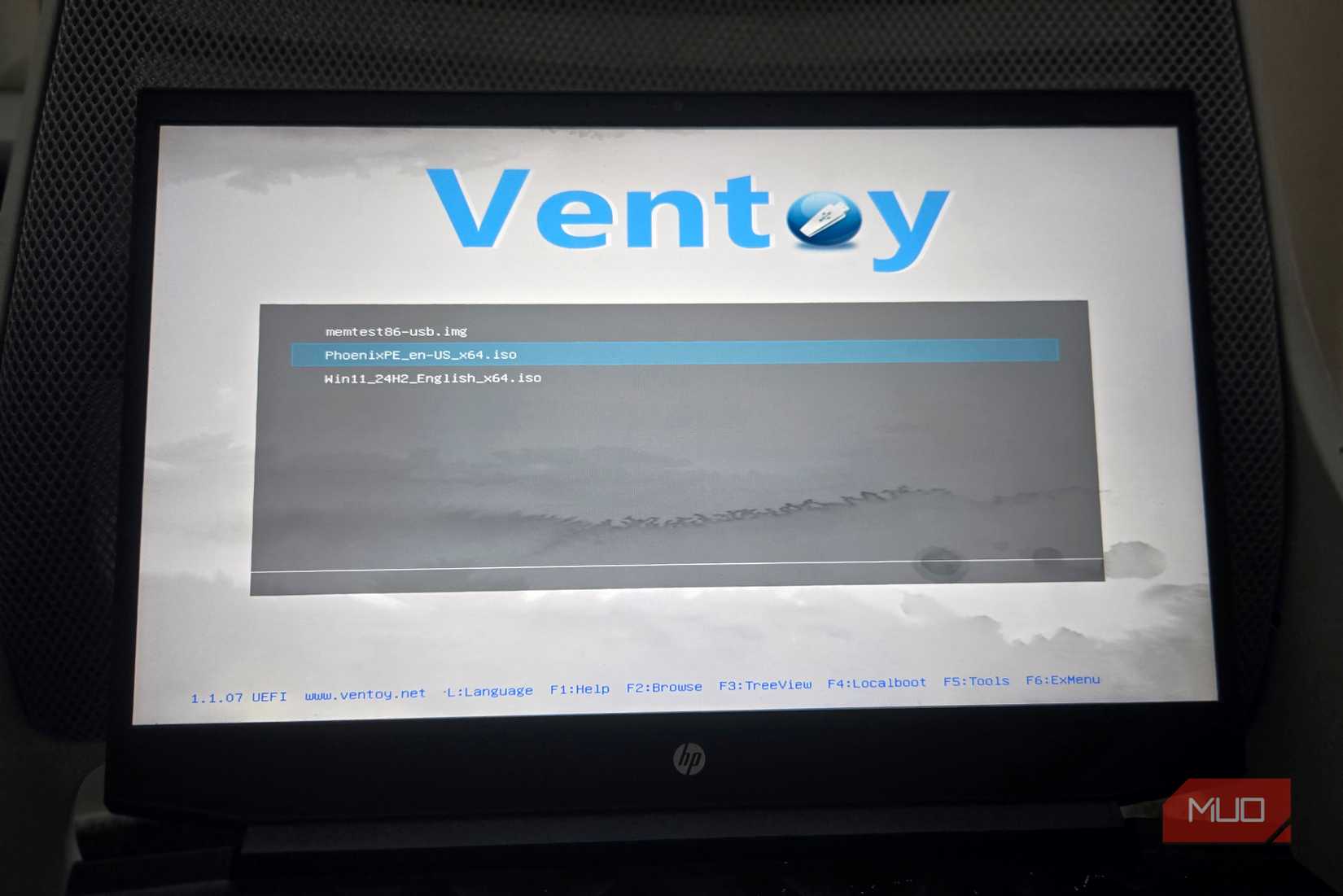 Ventoy Boot menu on a HP Pavillion laptop