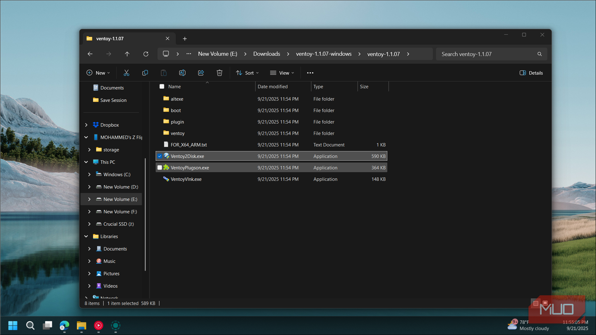 Ventoy2Disk-exe file showing in the File Explorer open on Windows 11