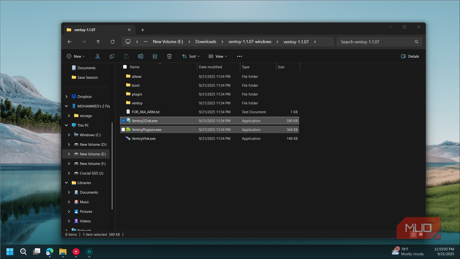 Ventoy2Disk-exe file showing in the File Explorer open on Windows 11