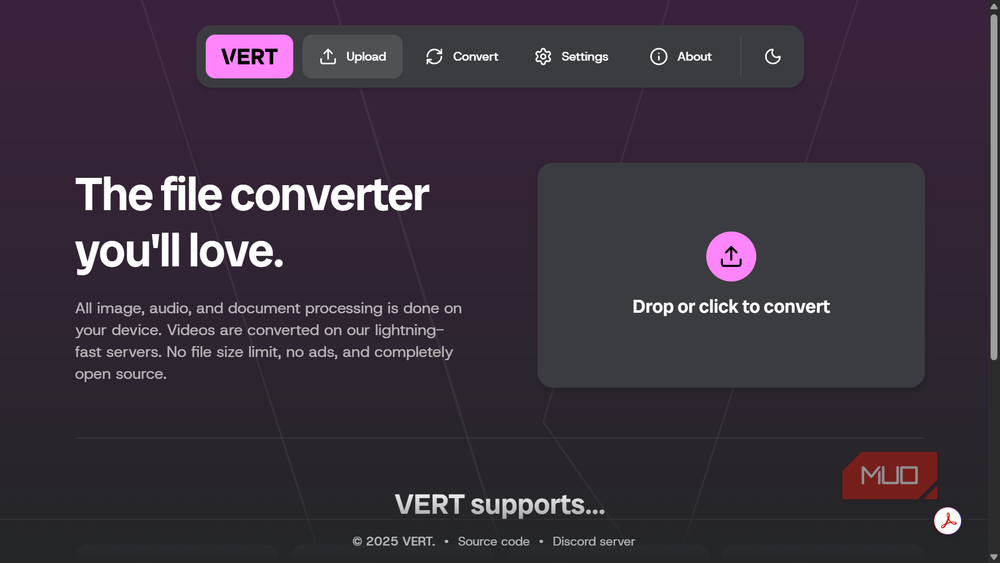 Vert's interface lets you drag and drop files for instant local conversion