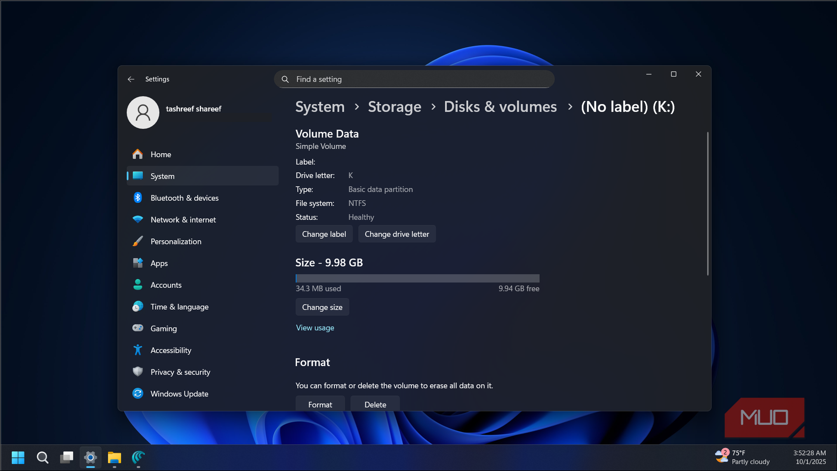 VHD disk volume on the Windows 11 Settings app