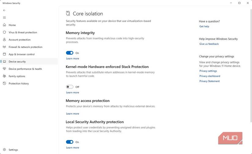 Virtualization-Based Security Settings on Windows 11