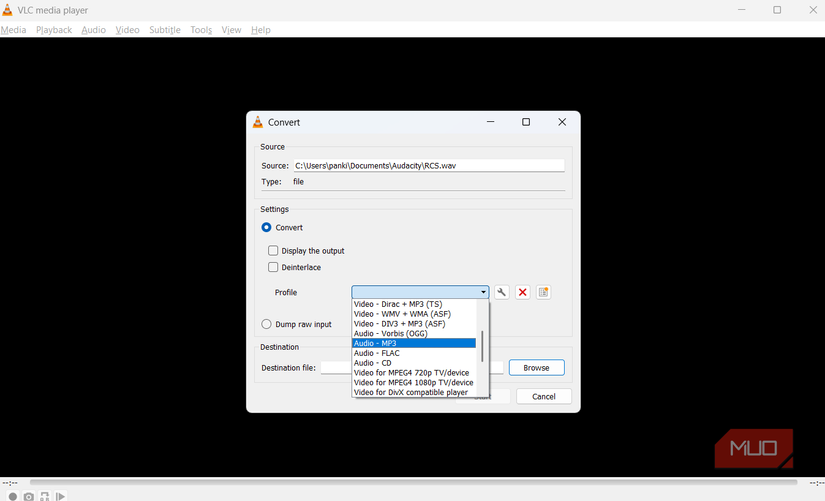VLC showing file converter options