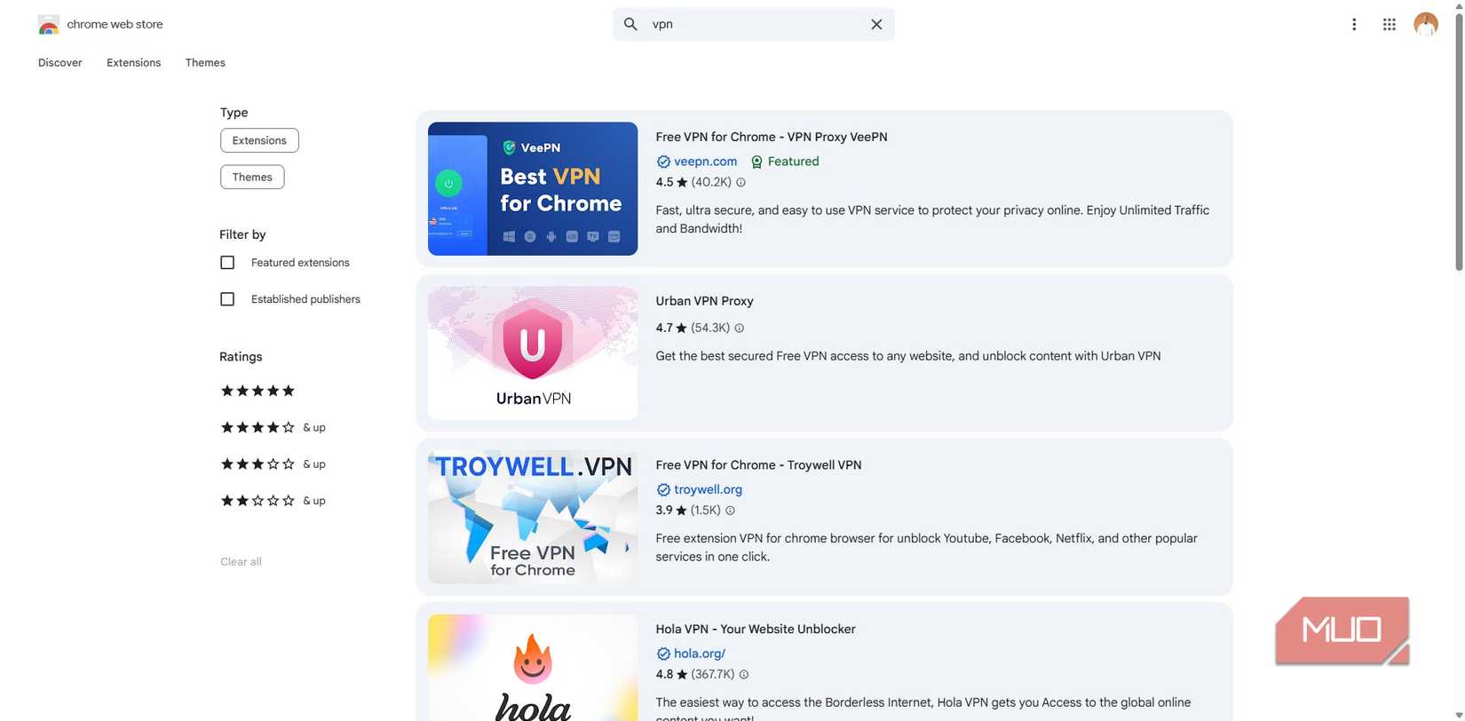 VPNs on the Chrome store