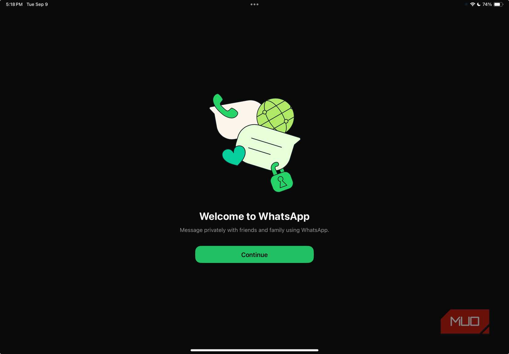 WhatsApp app on an iPad displaying the Welcome page