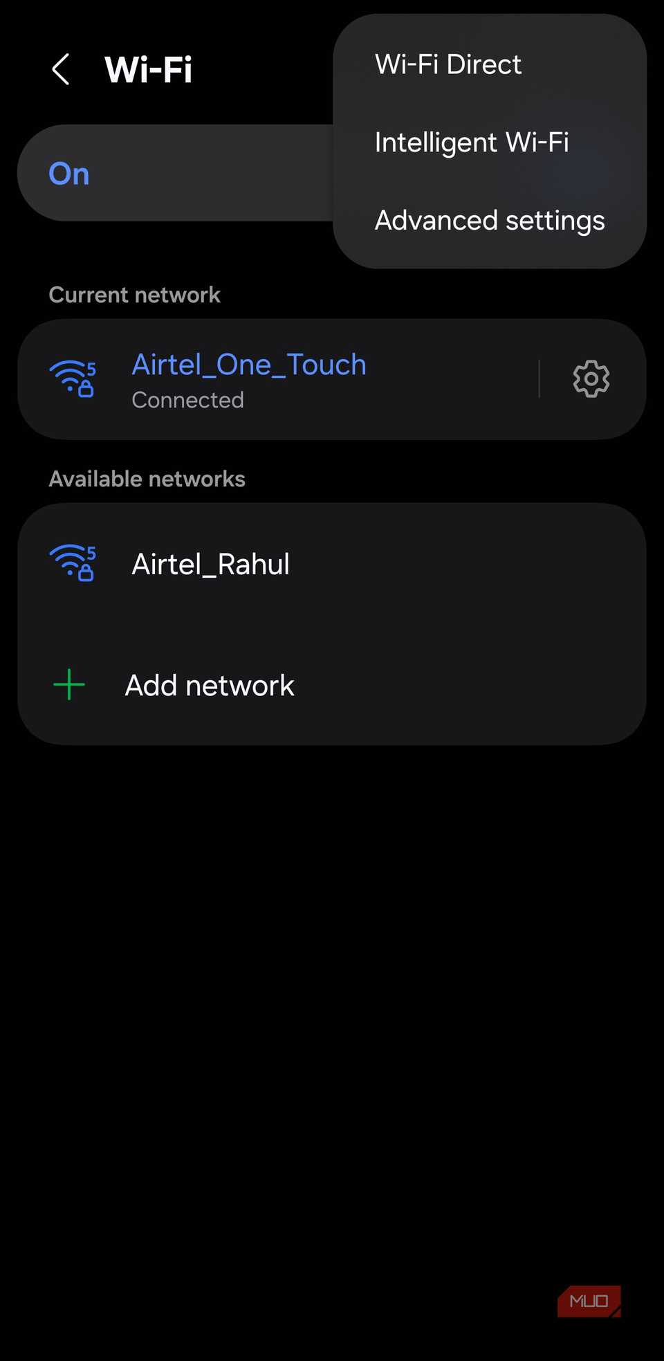 Wi-Fi page overflow menu with Intelligent Wi-Fi