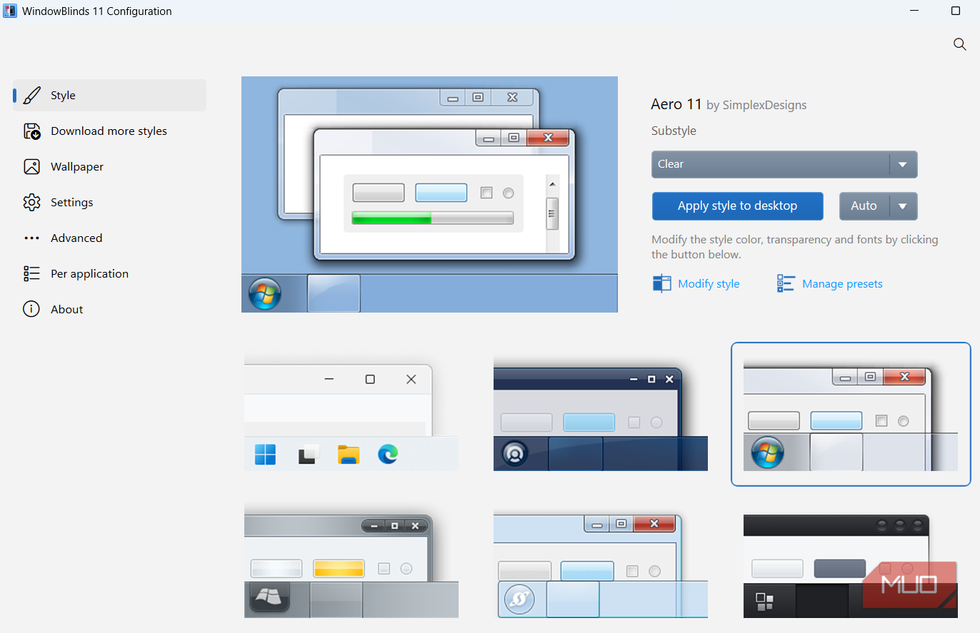 WindowBlinds app on style tab on Windows