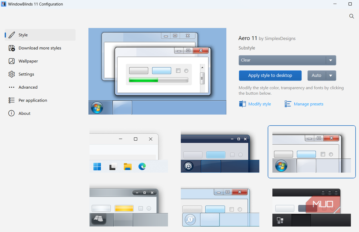 WindowBlinds app on style tab on Windows