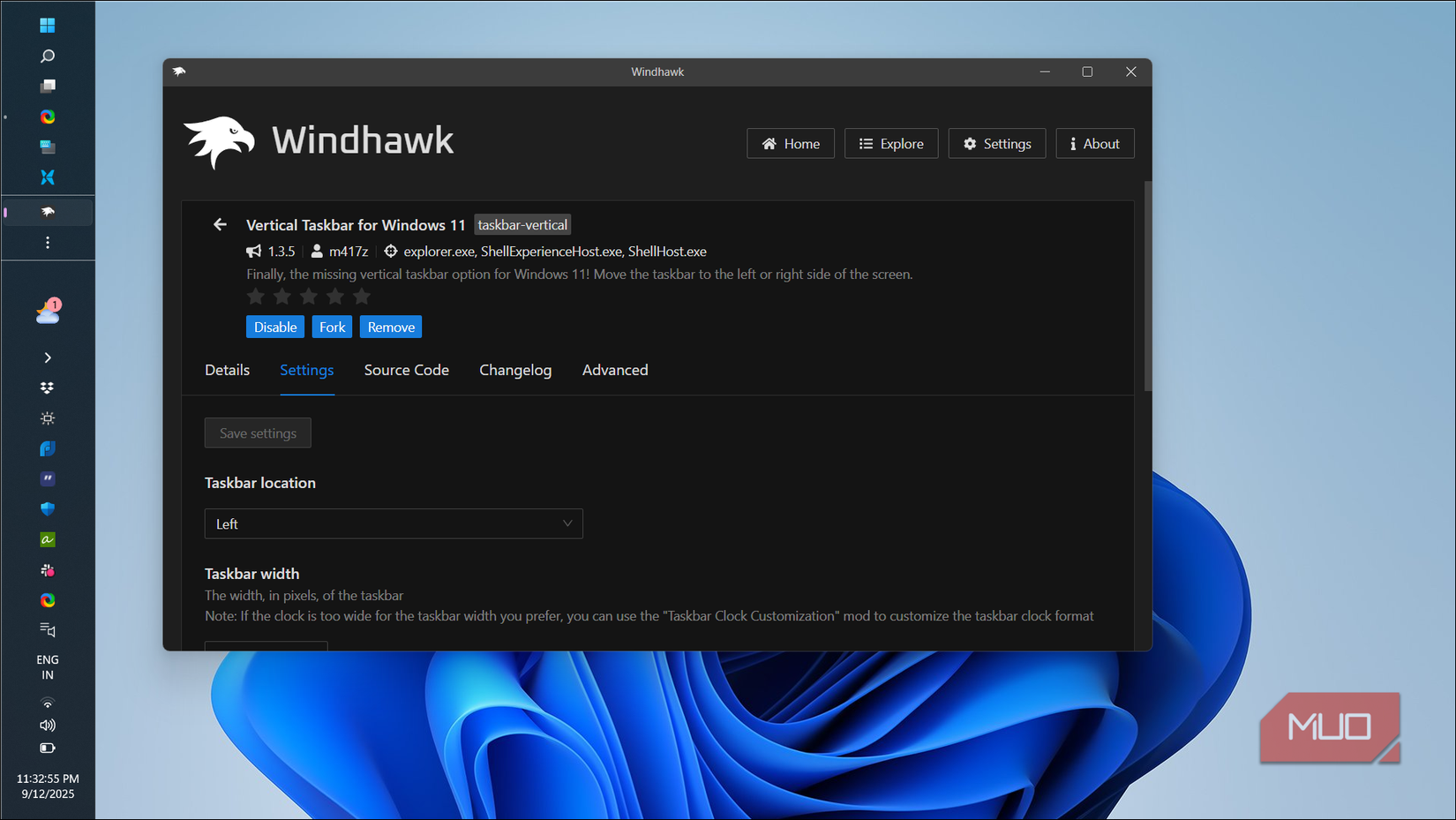 Windows 11 desktop with a vertical taskbar and Windhawk app open