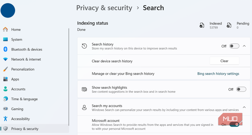 Windows 11 search settings