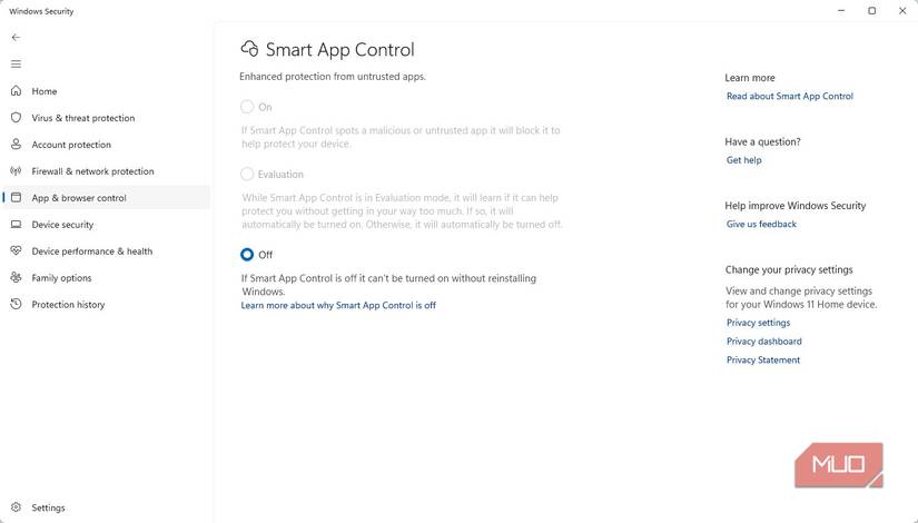 Windows 11 Smart App Control settiings