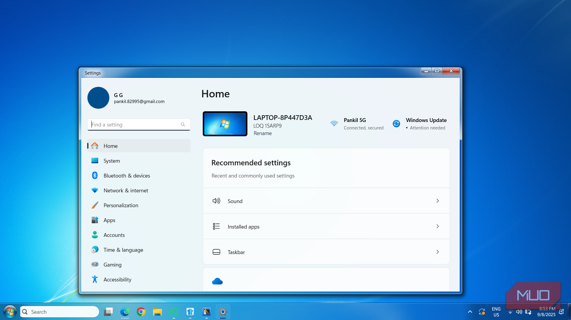 Windows 7 Settings app on Windows 11