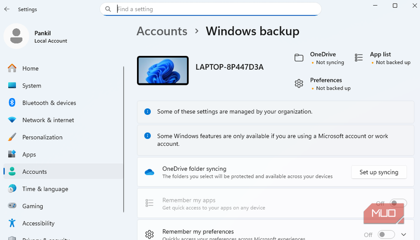 Windows backup settings on Local account