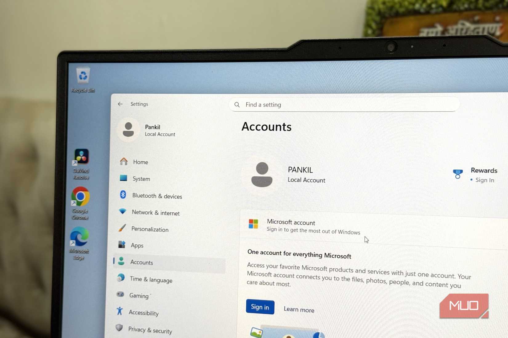 Windows laptop showing local account