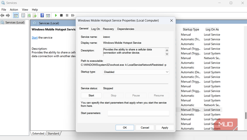 Windows Mobile Hotspot Service properties