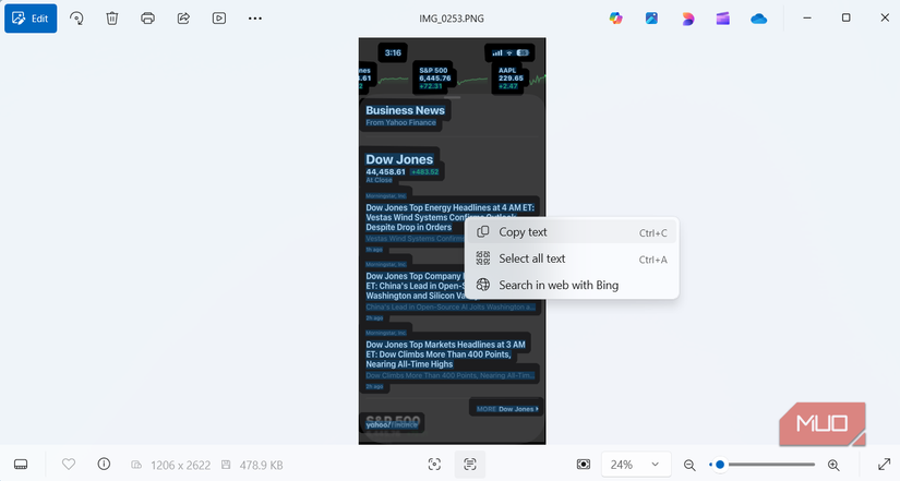 Windows Photos app scanning text from a screenshot