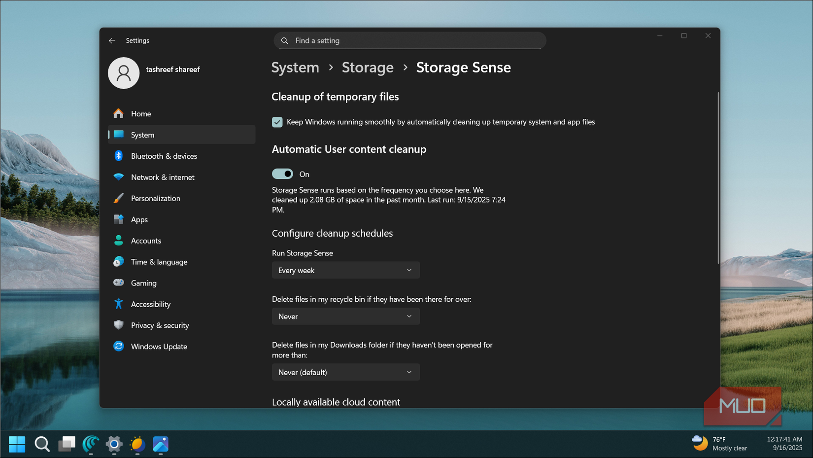 Windows Settings app showing the storage sense option in Windows 11