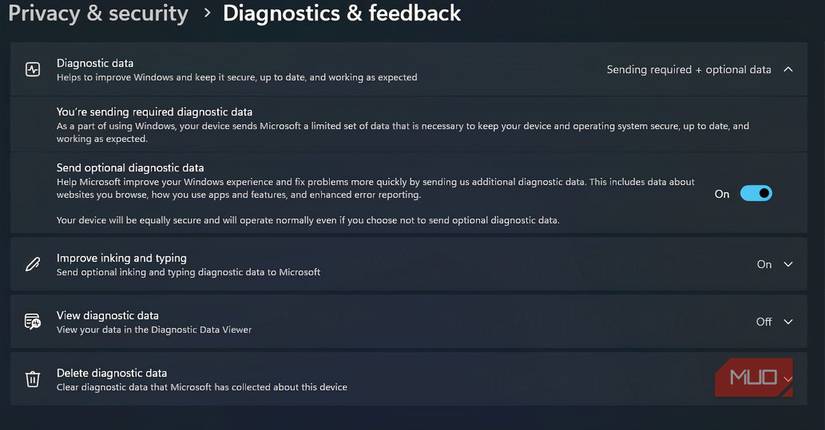 Diagnostics & feedback page in Windows 11 Settings
